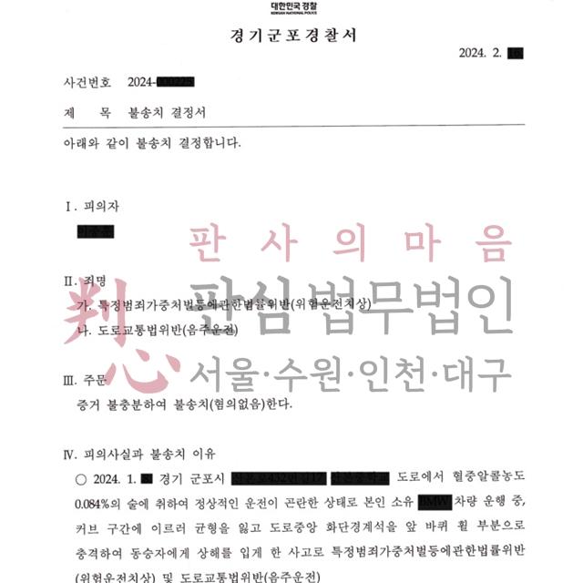 [불송치] 위험운전치상 | 음주운전으로 동승자에게 상해를 입힌 사건, 불송치